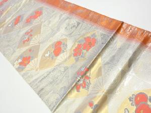 リサイクル　縞・扇面に万寿菊・牡丹模様織出し名古屋帯